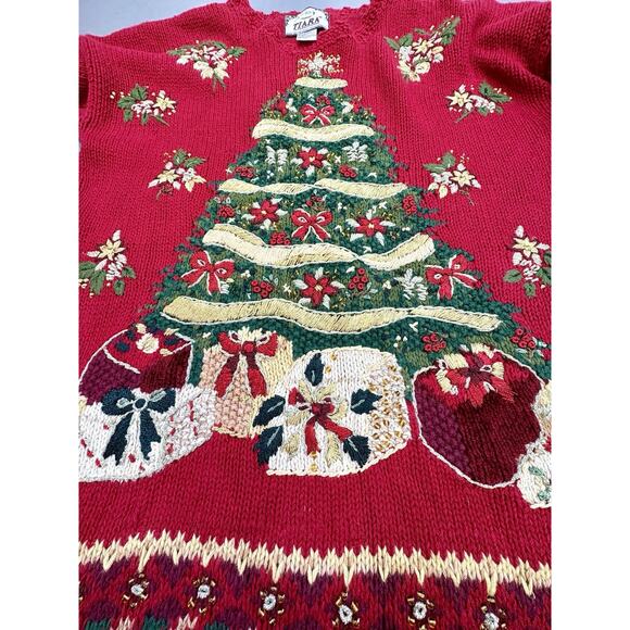 Vintage Christmas Sweater Womens M Red Embroidered Tree Presents Retro Y2K Tiara - Picture 9 of 9